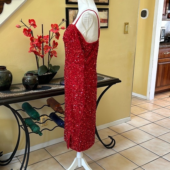 Women’s Red Sequin Thigh Slit Sleeveless Spaghetti Strap Cocktail Party Dress XL - Picture 8 of 14